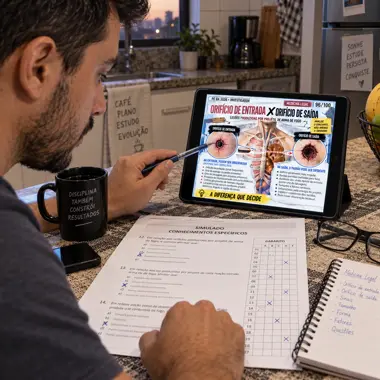 Candidato revisando com simulado e conferência de gabarito